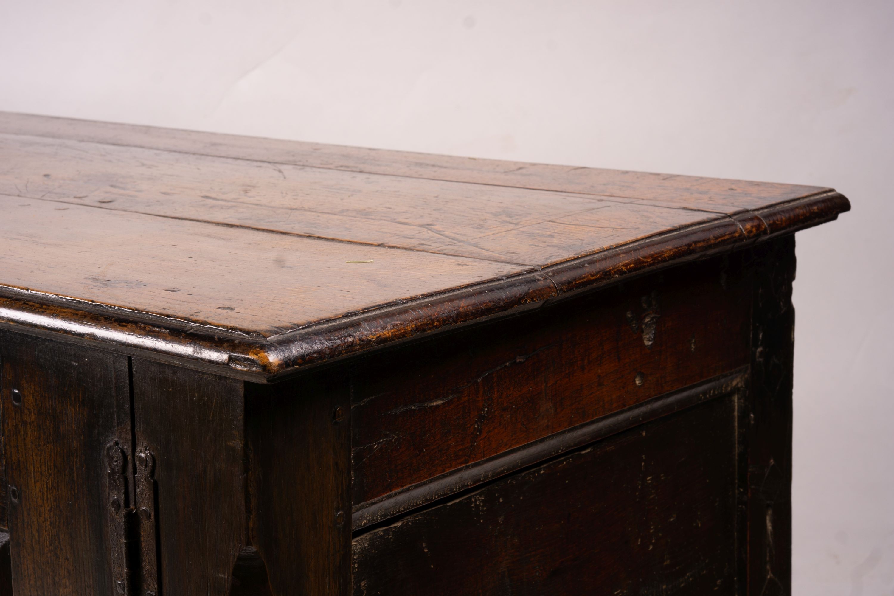 An 18th century oak low dresser base, length 191cm, depth 56cm, height 78cm